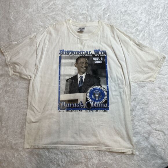 Vintage Barack Obama 44th President HISTORICAL WIN Tee White T Shirt - Picture 1 of 6